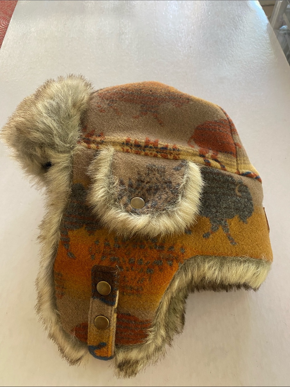 Pendleton Wool Trapper Hat Buffalo Western Faux Fur Ear Flaps Medium - Picture 4 of 11